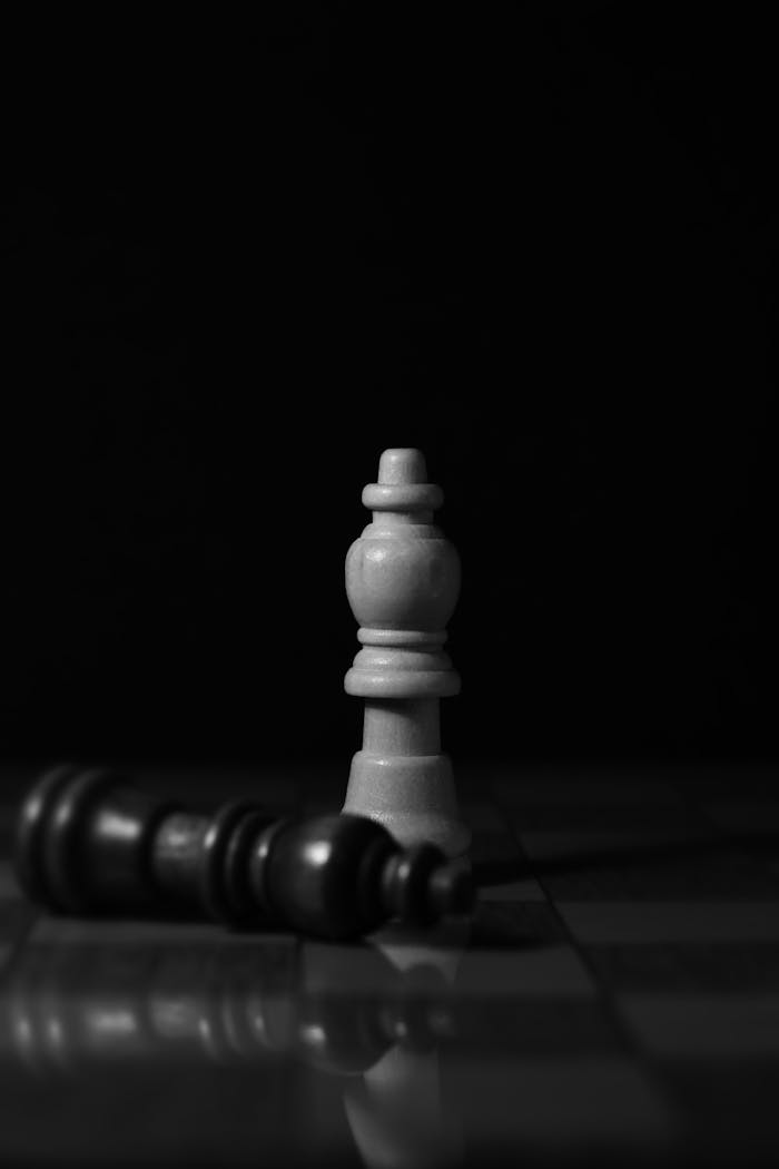 Monochrome image of chess pieces symbolizing strategy and victory.