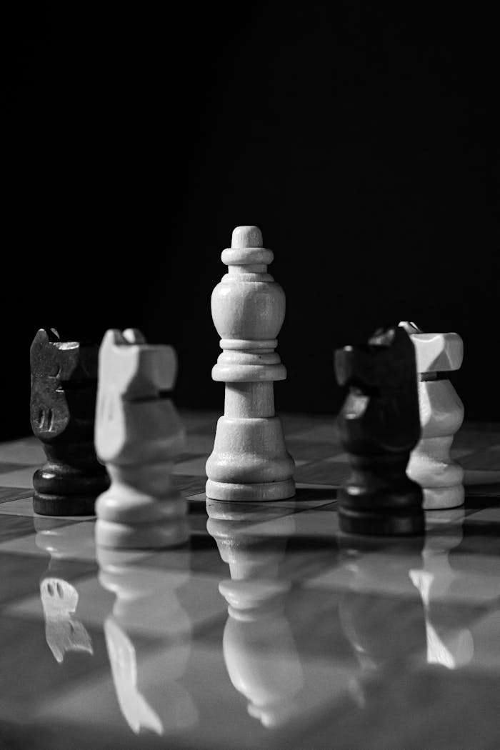 Black and white chess pieces arranged with dramatic lighting on a glossy board.